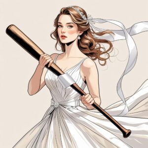 A bride holding baseball bat with a ribbon, looking innocent but strong Um taco pra noiva