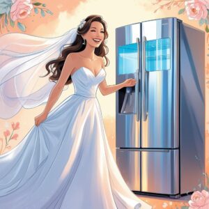 A bride showing off a glowing, perfectly inox fridge with twon doors Geladeira digna de Pinterest