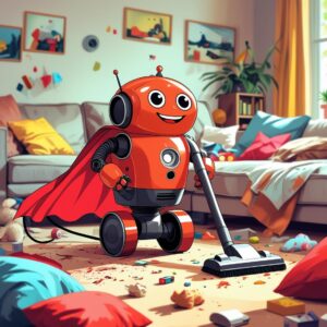A smiling robot vacuum cleaner with little arms and eyes, vacuuming a messy living room while wearing a superhero cape, digital illustration Robô que limpa (e não reclama)