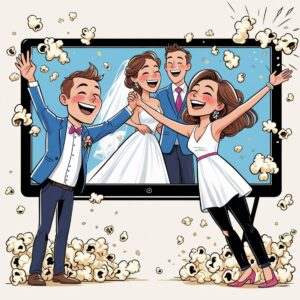 Cartoon couple cheering in front of a giant flat-screen TV showing their wedding photo, popcorn flying TV gigante pra ver vídeos do casamento