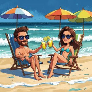 Cartoon couple on beach chairs clinking caipirinha glasses, sunglasses on, surrounded by waves and beach umbrellas Caipirinhas infinitas na praia