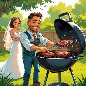 Cartoon groom proud beside a huge grill, flipping meat, bride watching with crossed arms and a smile, sunny backyard scene Churrasqueira do noivo