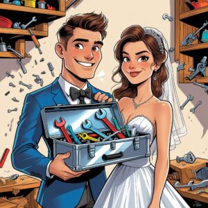 Cartoon groom proudly showing a shiny toolbox, bride raising eyebrow, broken shelf in the background Caixa de ferramentas do “depois eu arrumo”