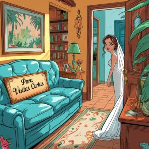 Cartoon-style living room with a fancy sofa-bed labeled “Para visitas curtas”, bride peeking from hallway with raised eyebrow Sofá-cama para visitas indesejadas