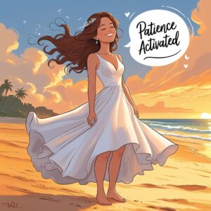noiva de cabelos castanhos, sobre a areia da praia, olhos fechados, com a legenda flutuando_ “paciência ativada”, estilo leve e engraçado 1 mês de paciência extra